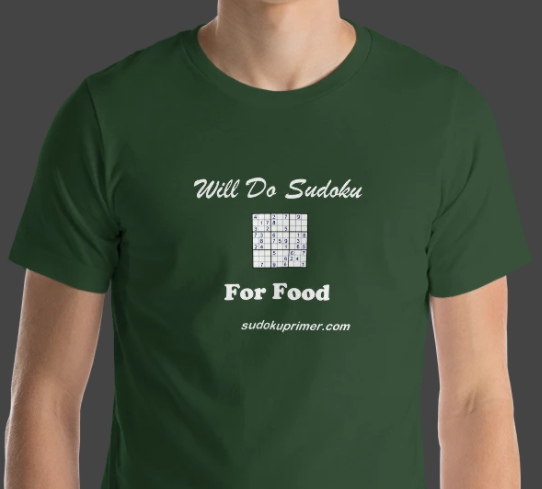 sudoku t-shirt with the text 'Will Do Sudoku For Food' and a sudoku puzzle